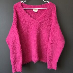 Maeve Anthropologie Women's Fuzzy Pink Sweater Wool Blend Small V-neck Cozy Xmas